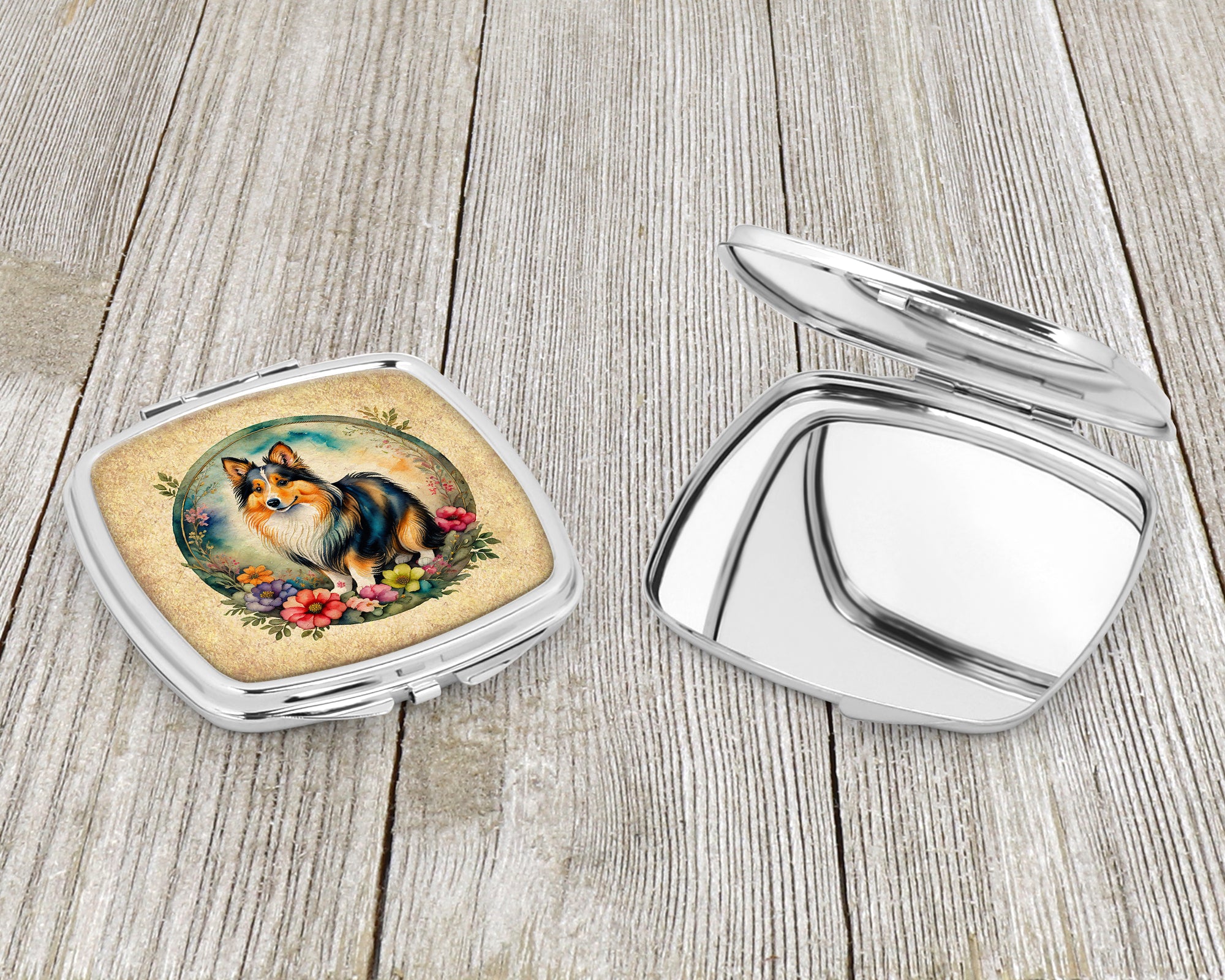 Sheltie and Flowers Compact Mirror