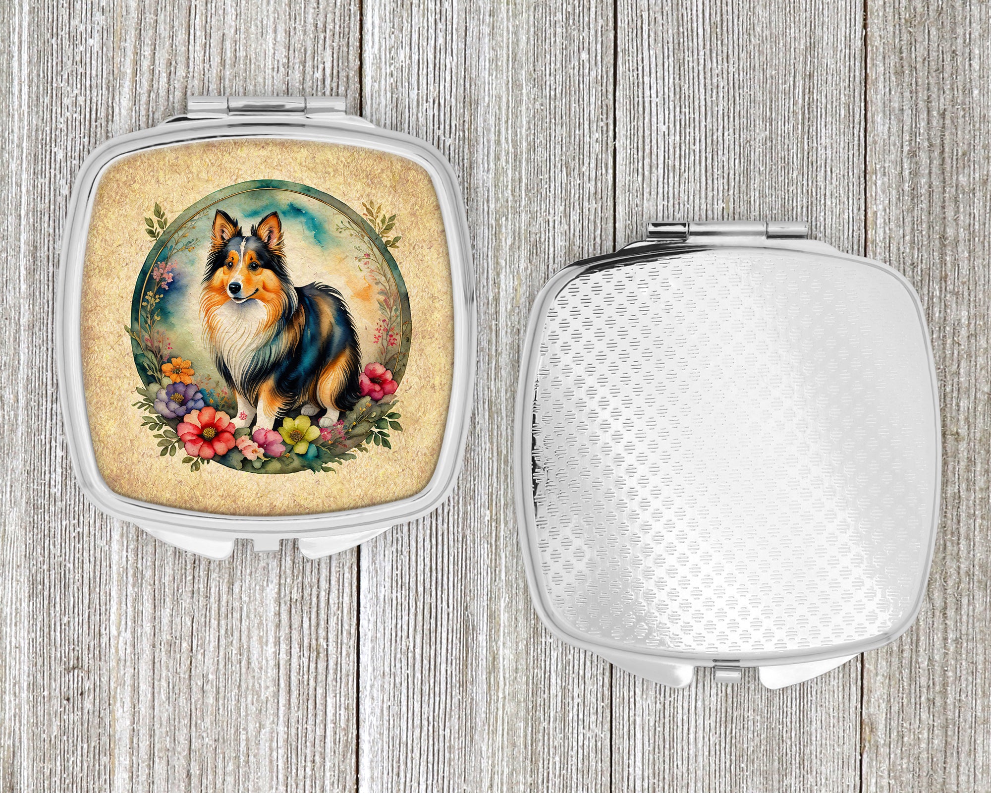 Sheltie and Flowers Compact Mirror