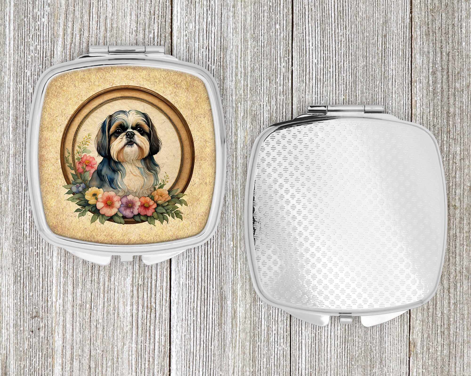 Shih Tzu and Flowers Compact Mirror