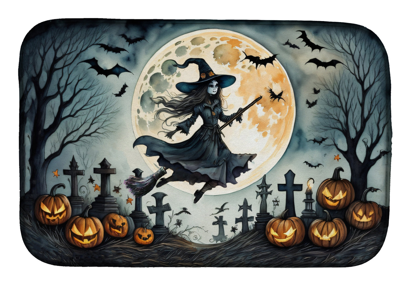 Caroline's Treasures Flying Witch Spooky Halloween Dish Drying Mat