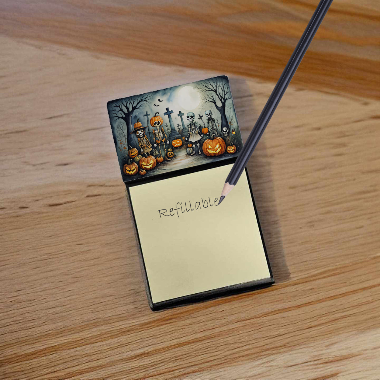 Caroline's Treasures Calacas Skeletons Spooky Halloween Sticky Note Holder- Refiilable Desk Accessory Note Pad