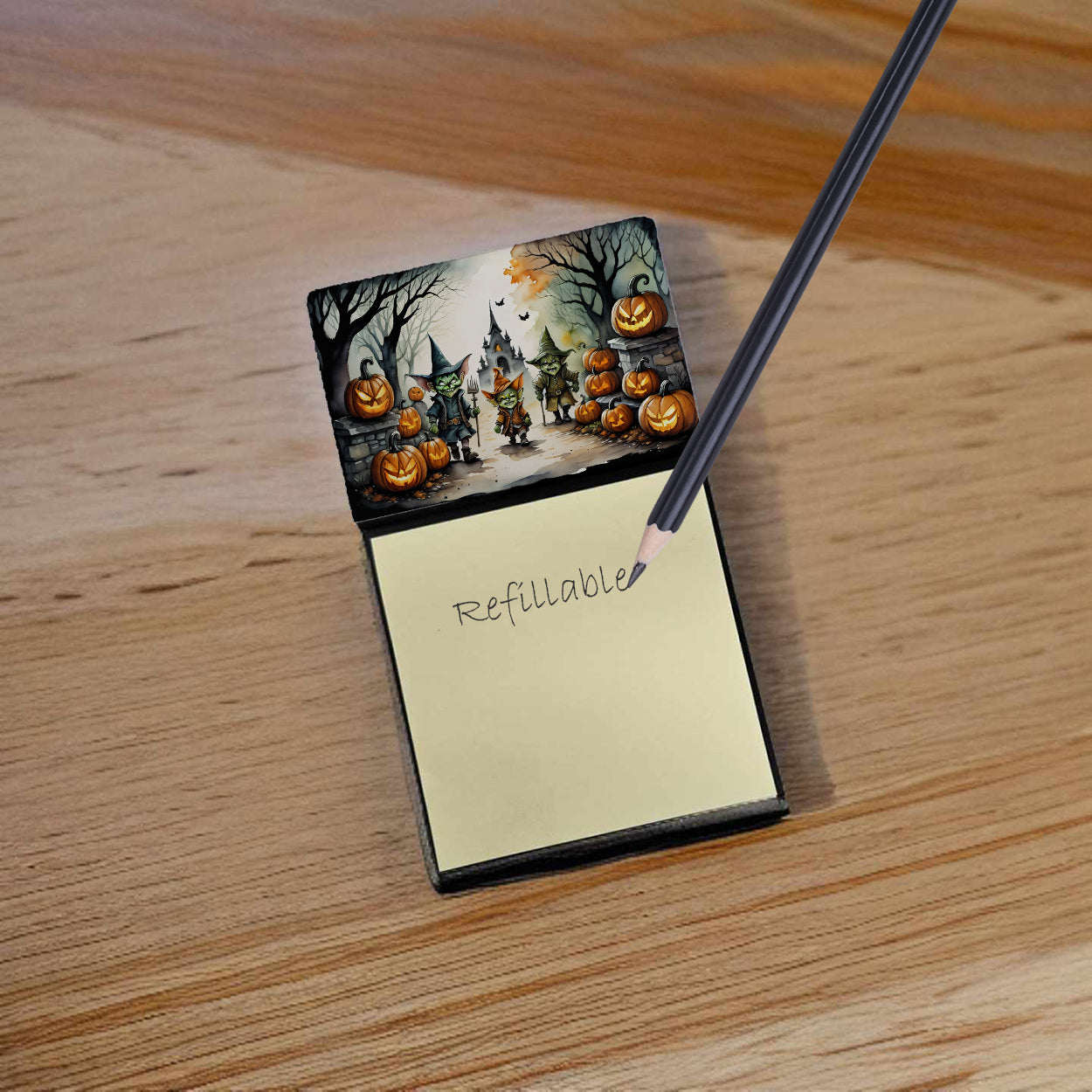 Caroline's Treasures Goblins Spooky Halloween Sticky Note Holder- Refiilable Desk Accessory Note Pad