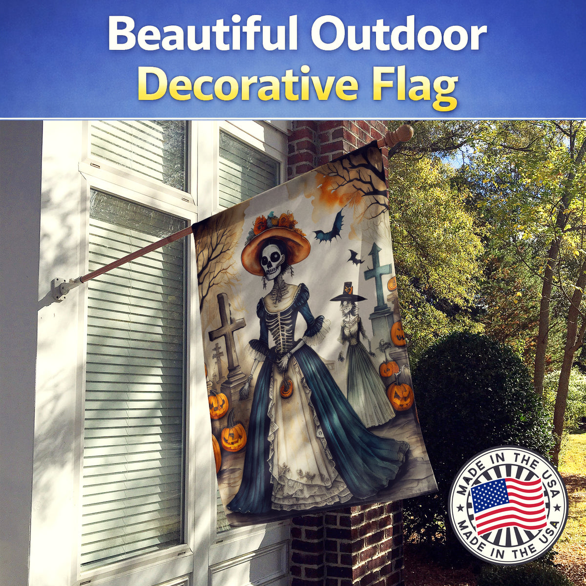Caroline's Treasures La Catrina Skeleton Spooky Halloween House Flag Large Porch Sleeve Pole Decorative Outside Yard Banner Artwork Wall Hanging, Polyester, House Size, Multicolor