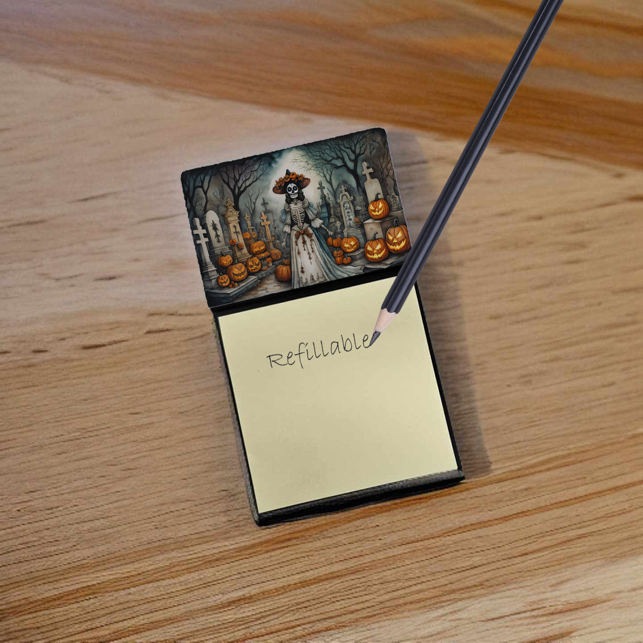 Caroline's Treasures La Catrina Skeleton Spooky Halloween Sticky Note Holder- Refiilable Desk Accessory Note Pad