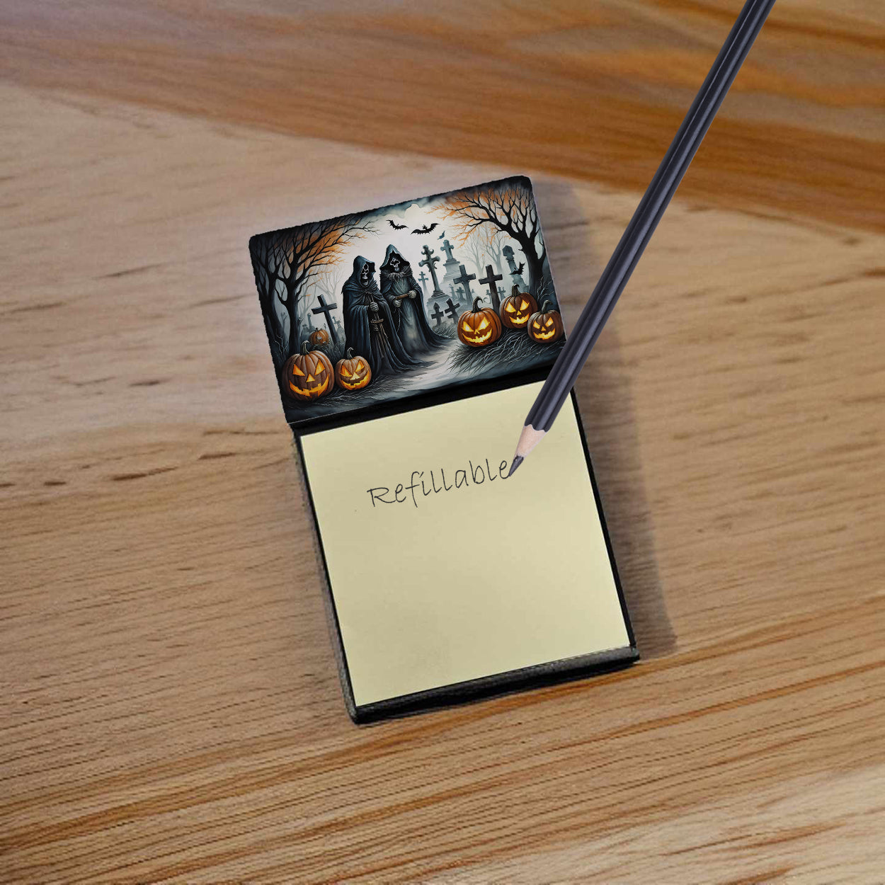 Caroline's Treasures The Grim Reaper Spooky Halloween Sticky Note Holder- Refiilable Desk Accessory Note Pad