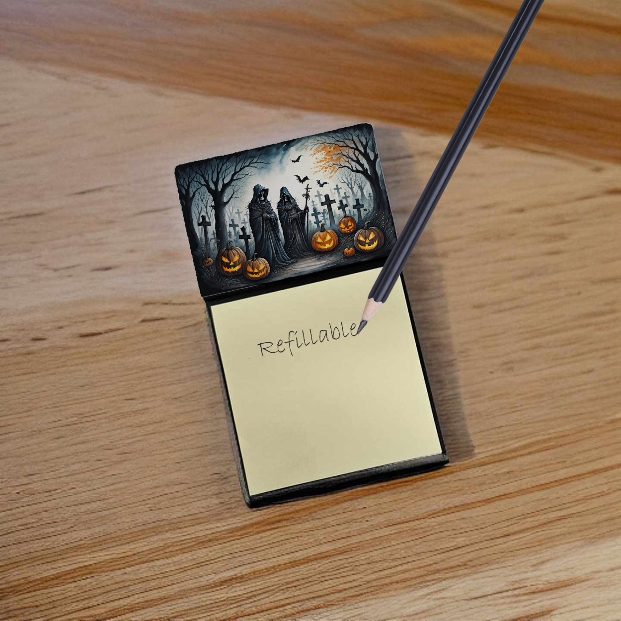 Caroline's Treasures The Grim Reaper Spooky Halloween Sticky Note Holder- Refiilable Desk Accessory Note Pad