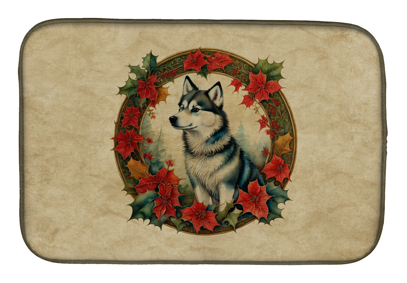 Caroline's Treasures Alaskan Klee Kai Christmas Flowers Dish Drying Mat