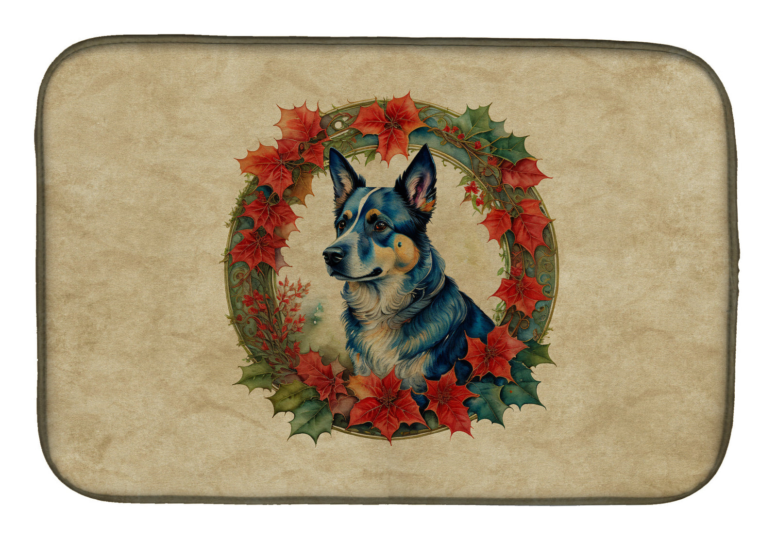 Caroline's Treasures Australian Cattle Dog Christmas Flowers Dish Drying Mat