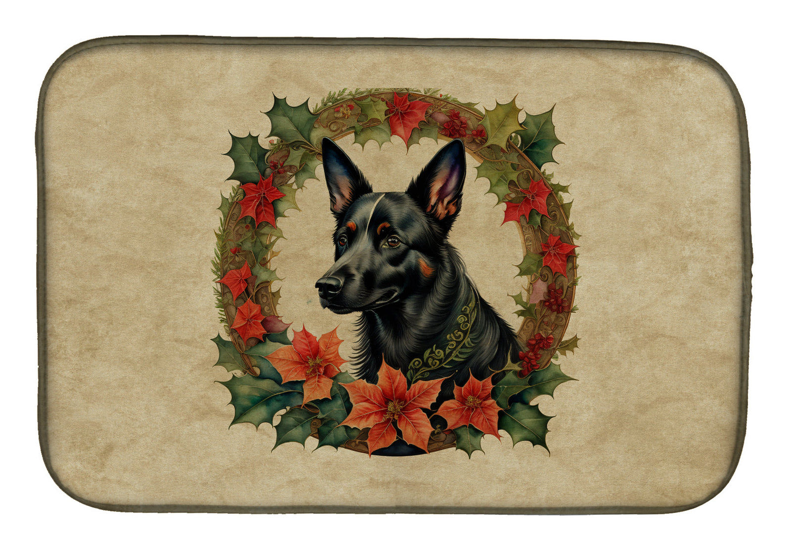 Caroline's Treasures Australian Kelpie Christmas Flowers Dish Drying Mat