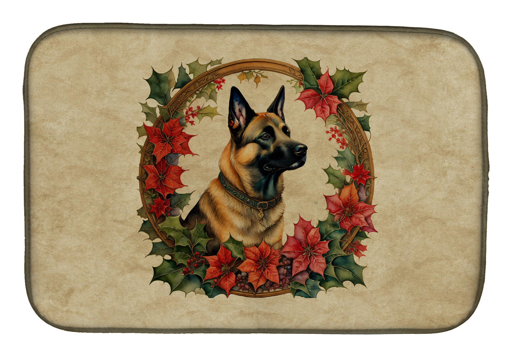 Caroline's Treasures Belgian Malinois Christmas Flowers Dish Drying Mat