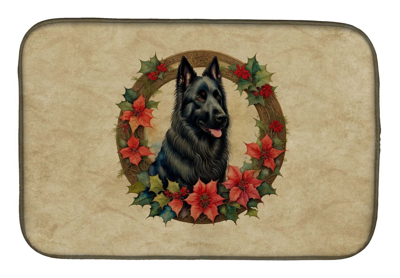 Caroline's Treasures Belgian Sheepdog Christmas Flowers Dish Drying Mat