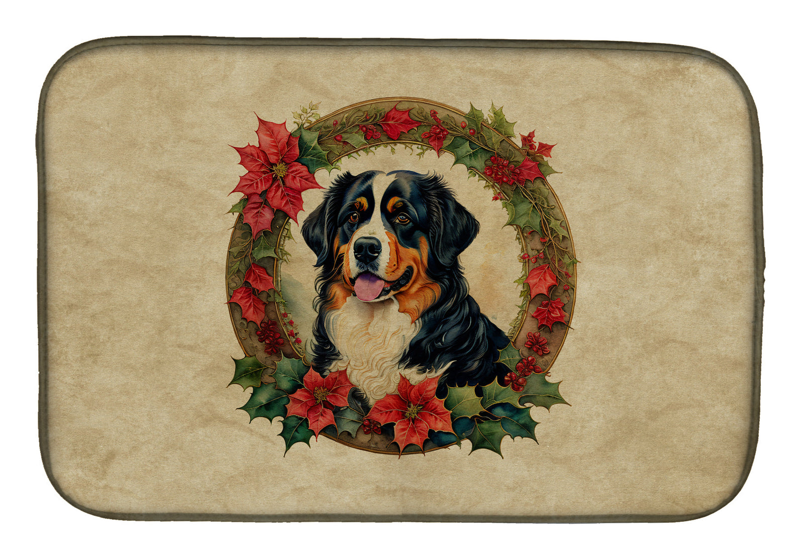 Caroline's Treasures Bernese Mountain Dog Christmas Flowers Dish Drying Mat