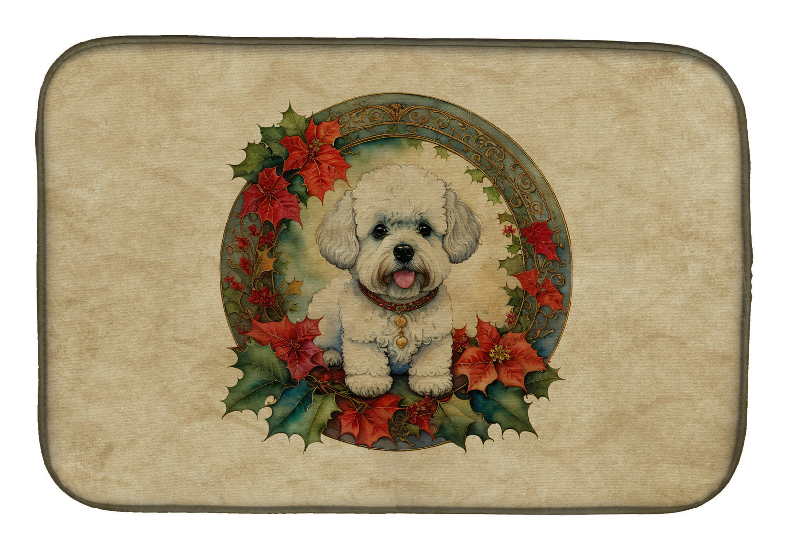 Caroline's Treasures Bichon Frise Christmas Flowers Dish Drying Mat