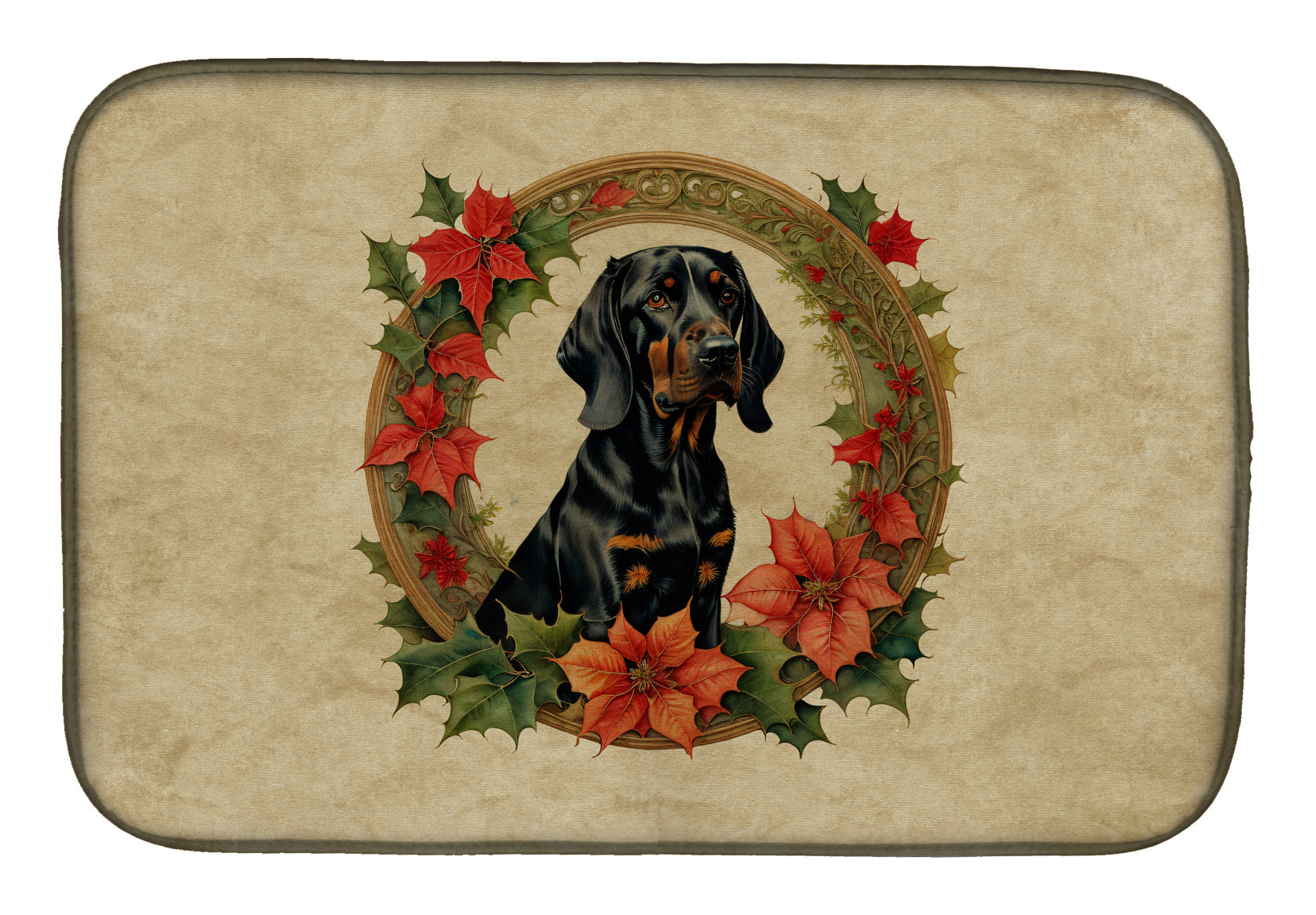 Caroline's Treasures Black and Tan Coonhound Christmas Flowers Dish Drying Mat