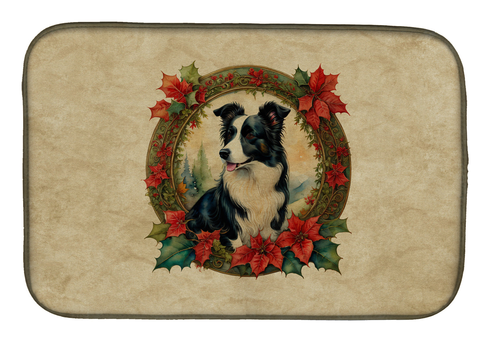 Caroline's Treasures Border Collie Christmas Flowers Dish Drying Mat