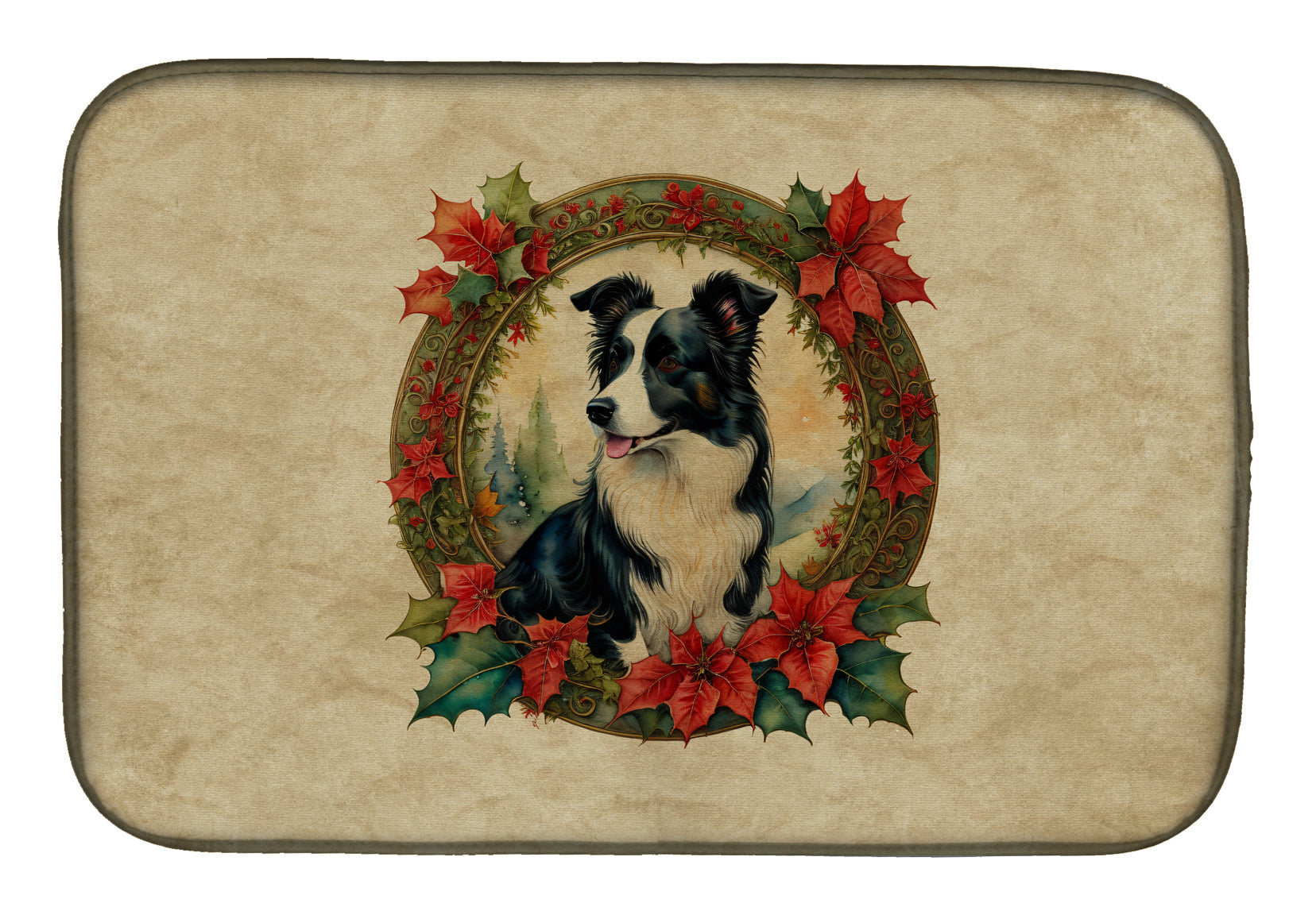 Caroline's Treasures Border Collie Christmas Flowers Dish Drying Mat