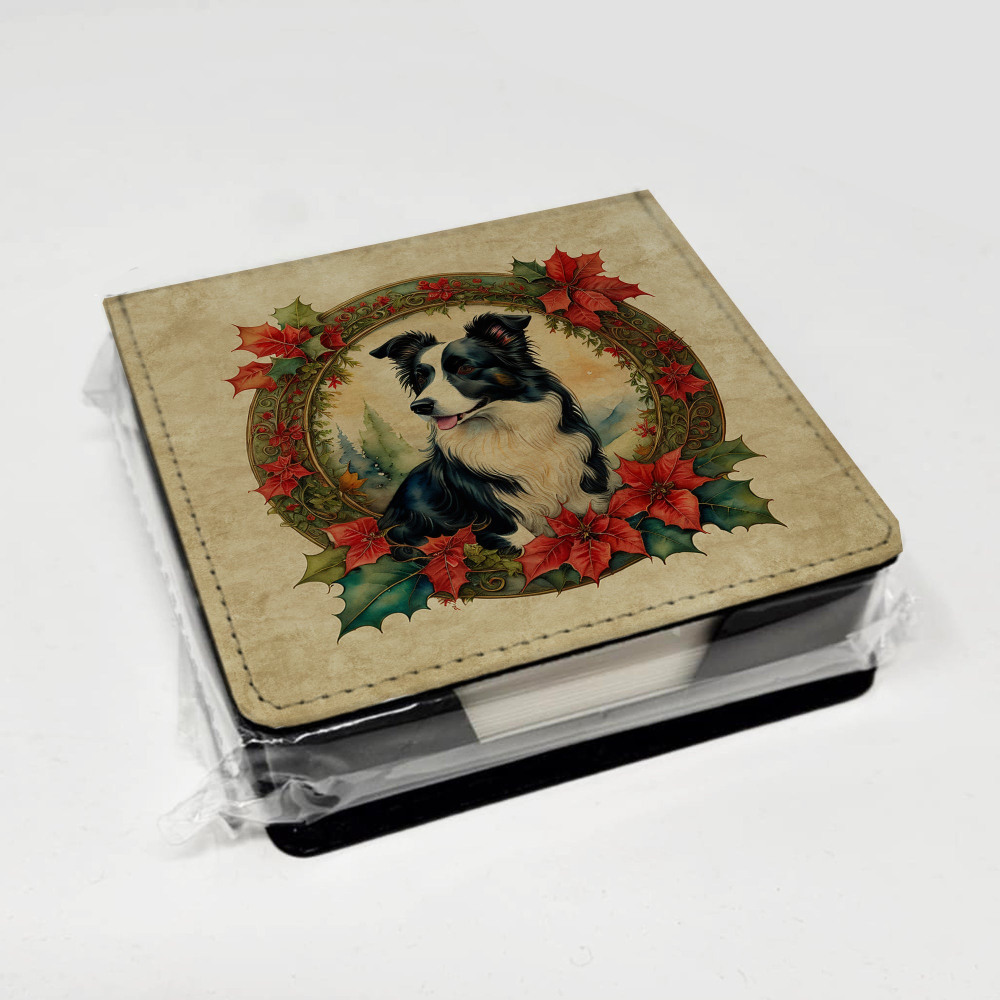 Caroline's Treasures Border Collie Christmas Flowers PU Leather Note Paper Holder