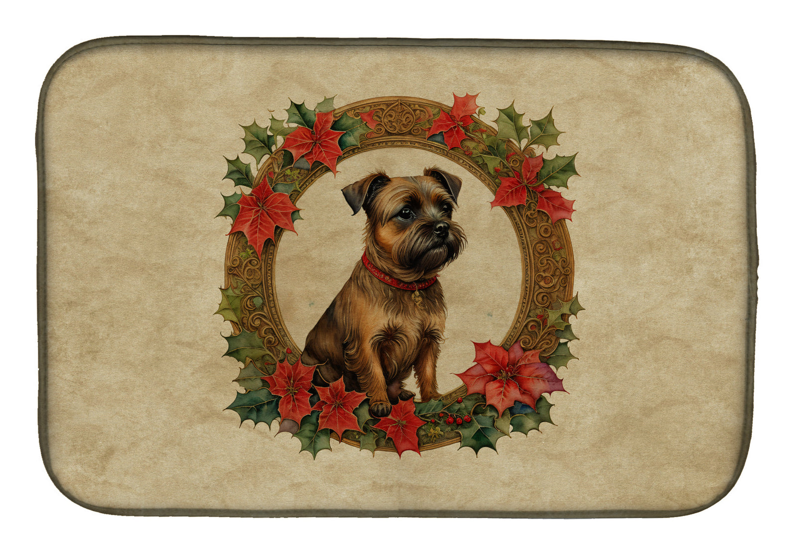 Caroline's Treasures Border Terrier Christmas Flowers Dish Drying Mat