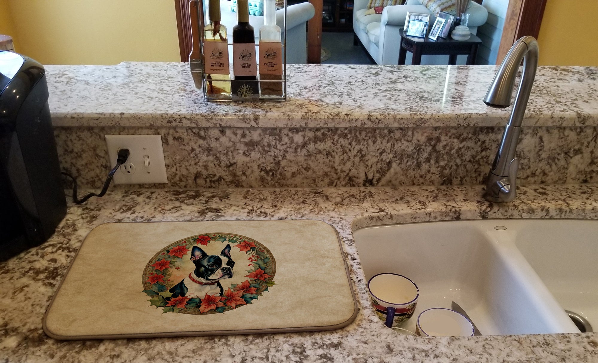 Caroline's Treasures Boston Terrier Christmas Flowers Dish Drying Mat