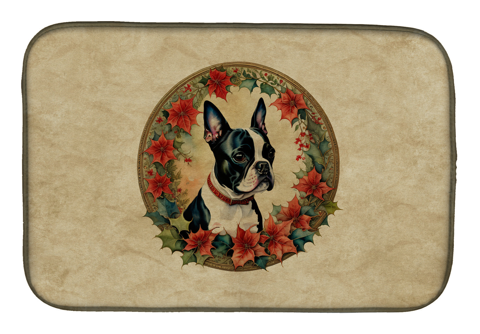 Caroline's Treasures Boston Terrier Christmas Flowers Dish Drying Mat