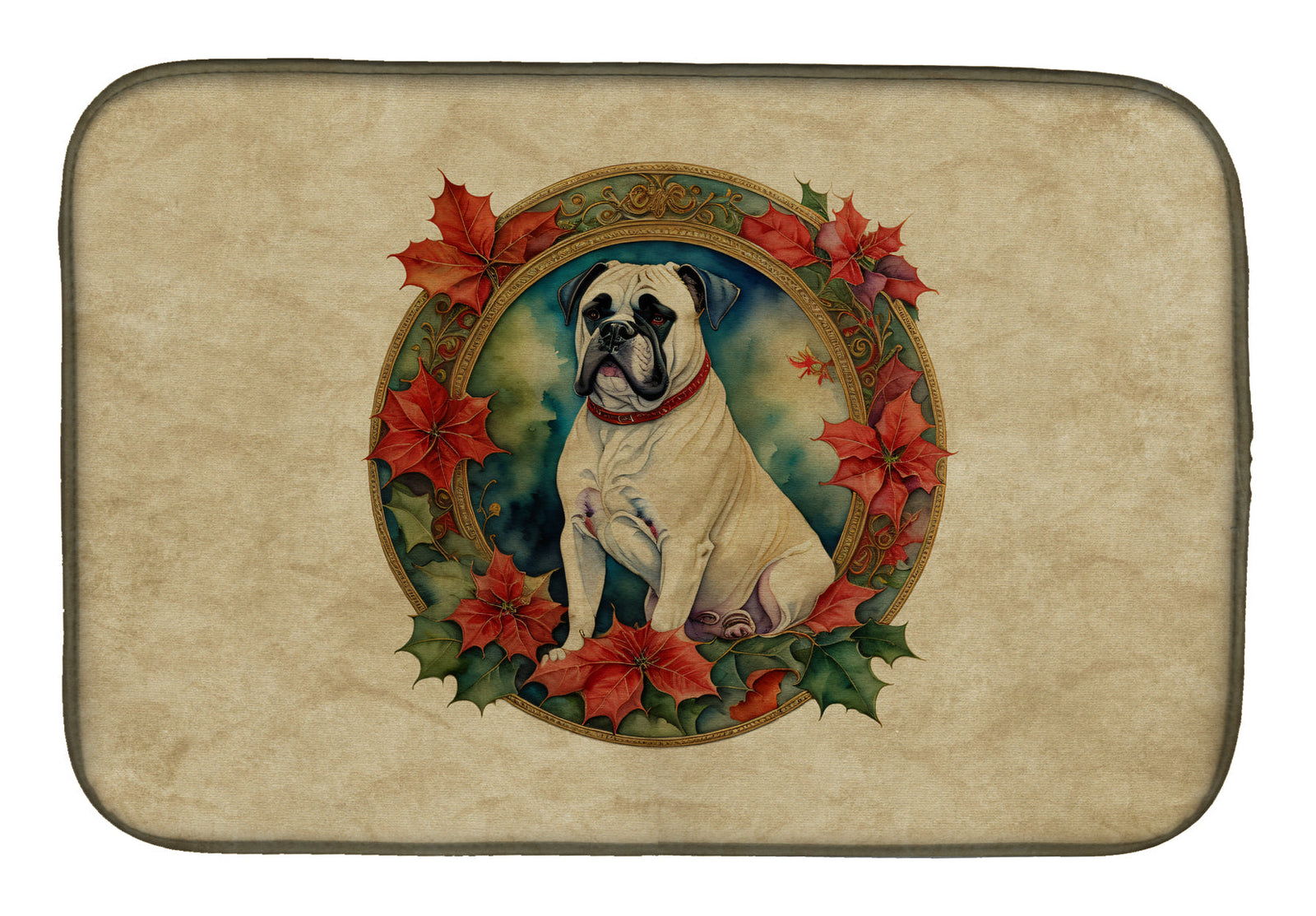 Caroline's Treasures White Boxer Christmas Flowers Dish Drying Mat