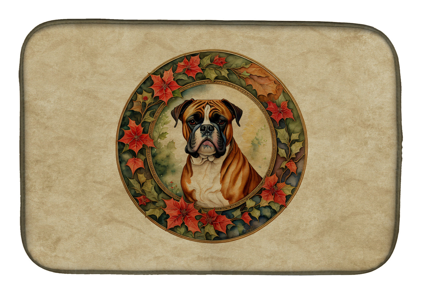 Caroline's Treasures Boxer Christmas Flowers Dish Drying Mat