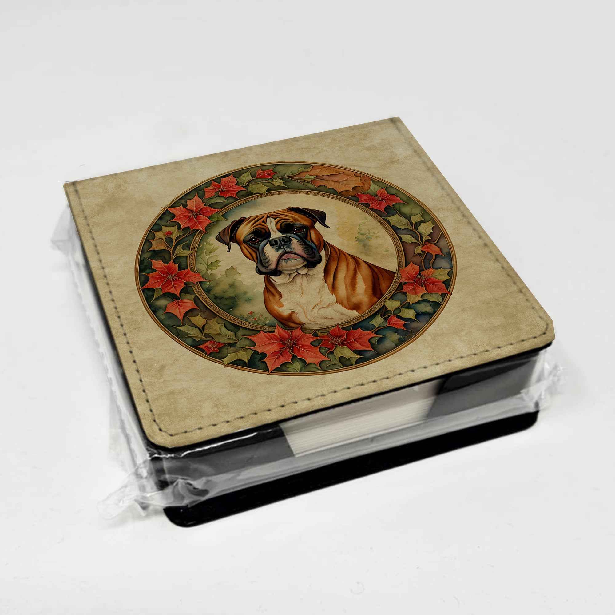 Caroline's Treasures Boxer Christmas Flowers PU Leather Note Paper Holder