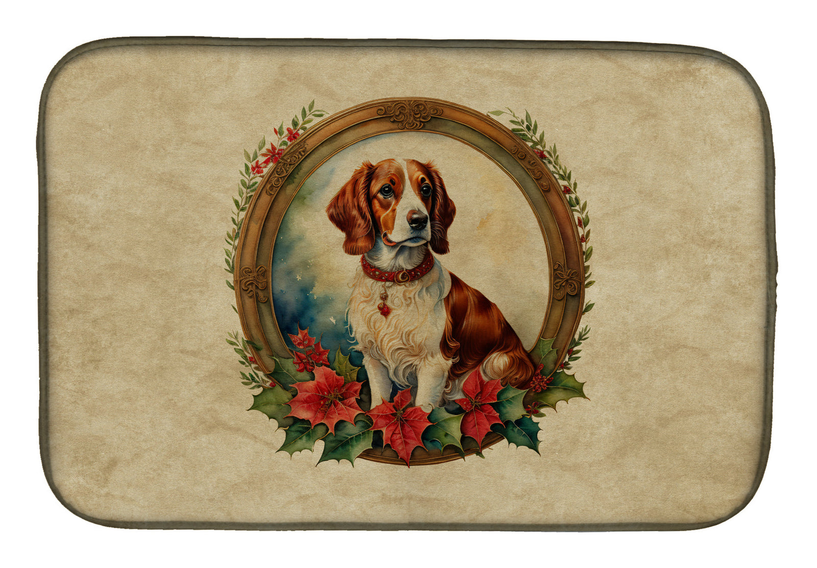 Caroline's Treasures Brittany Spaniel Christmas Flowers Dish Drying Mat