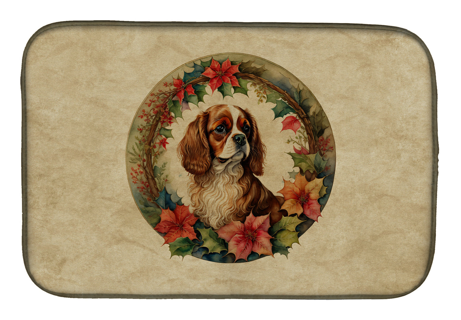 Caroline's Treasures Cavalier Spaniel Christmas Flowers Dish Drying Mat