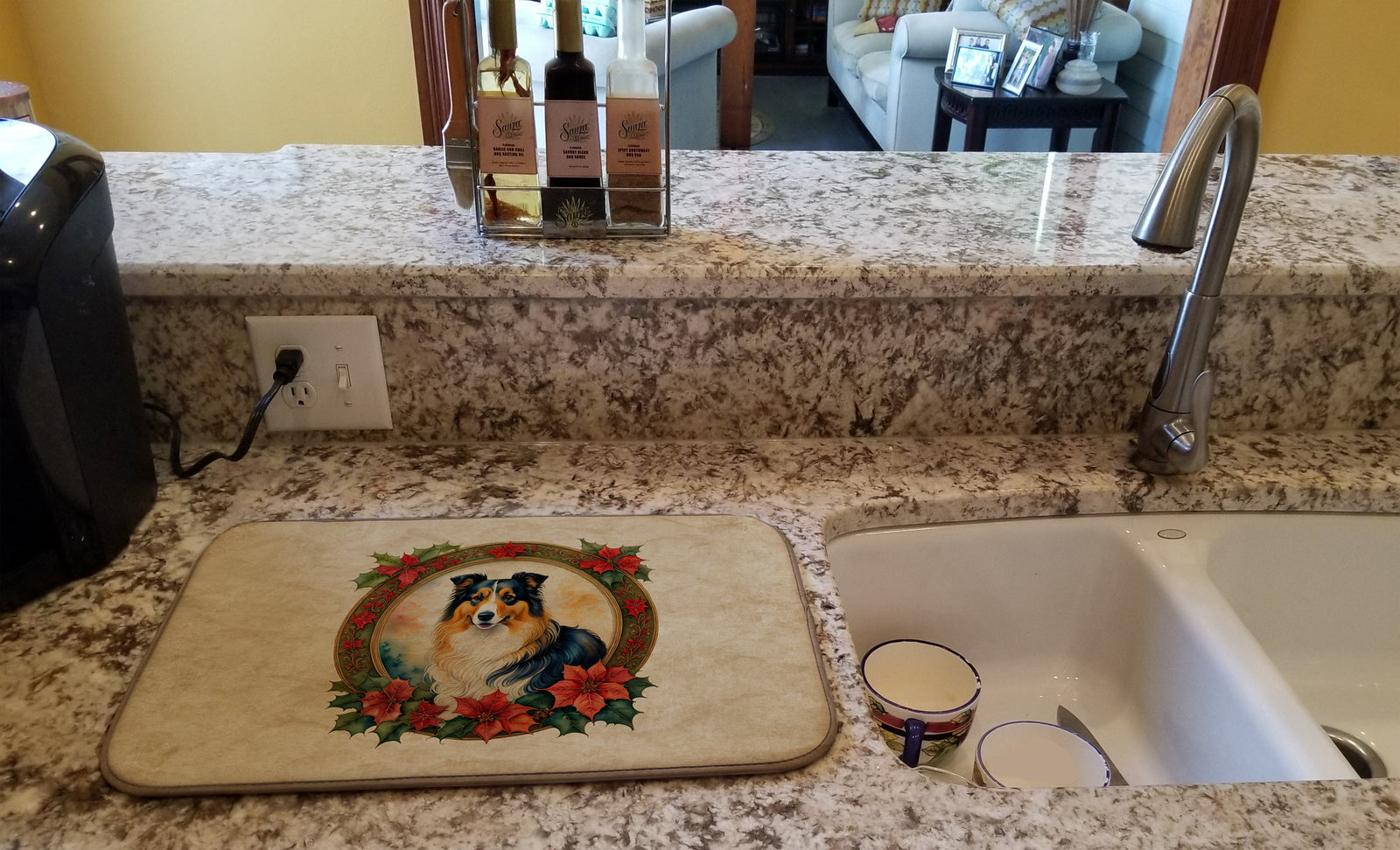 Caroline's Treasures Collie Christmas Flowers Dish Drying Mat