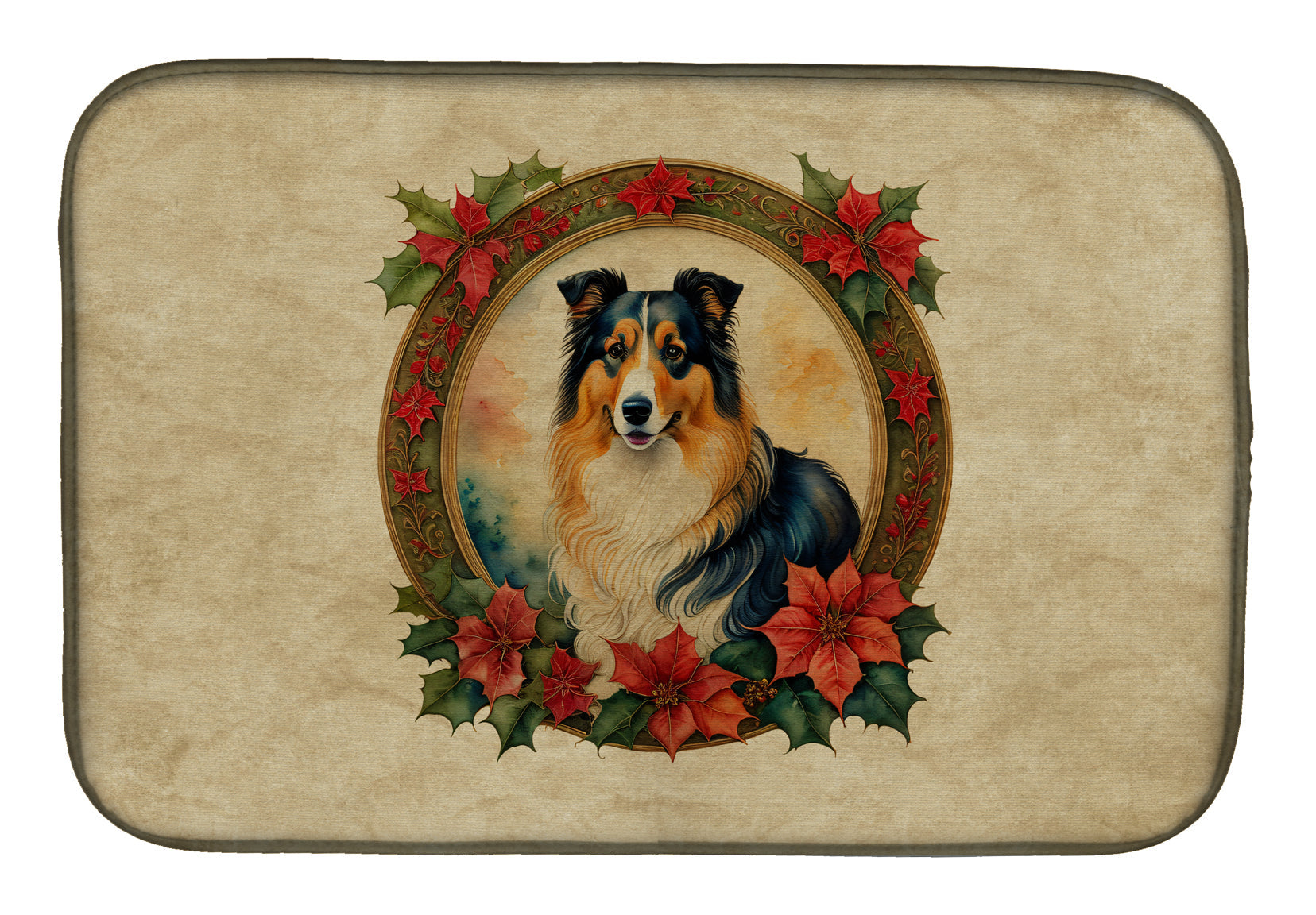 Caroline's Treasures Collie Christmas Flowers Dish Drying Mat