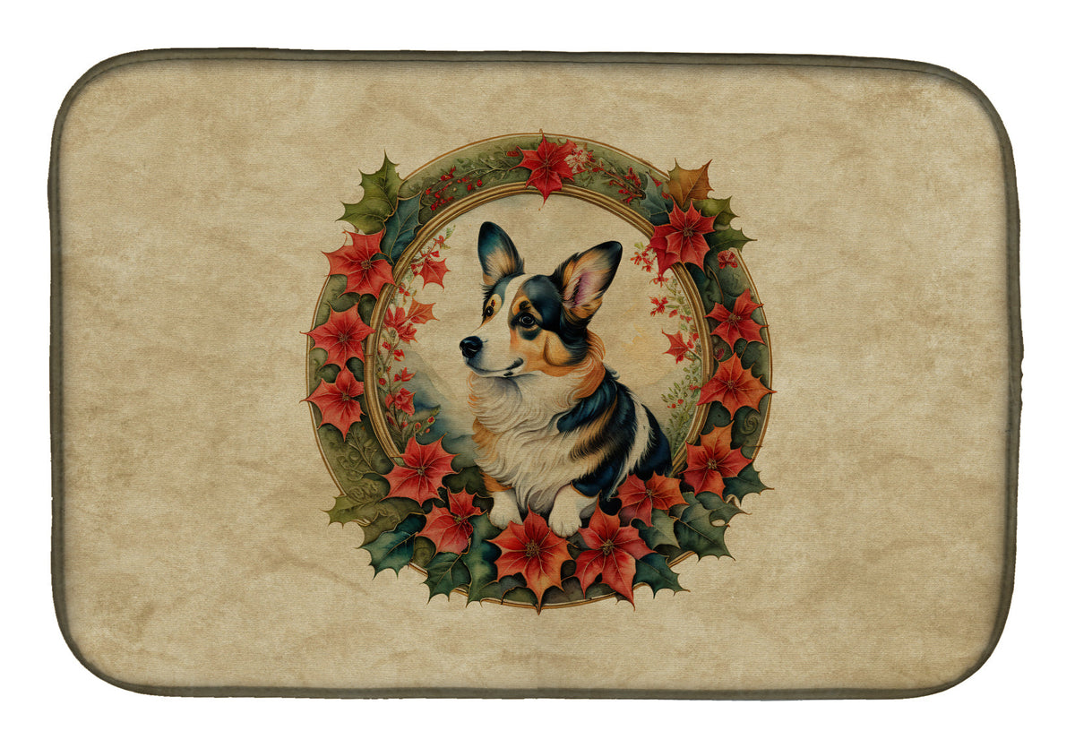 Caroline's Treasures Corgi Christmas Flowers Dish Drying Mat