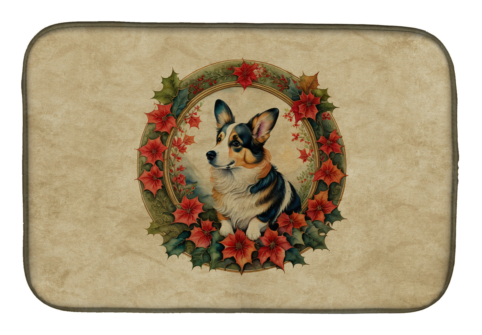 Caroline's Treasures Corgi Christmas Flowers Dish Drying Mat