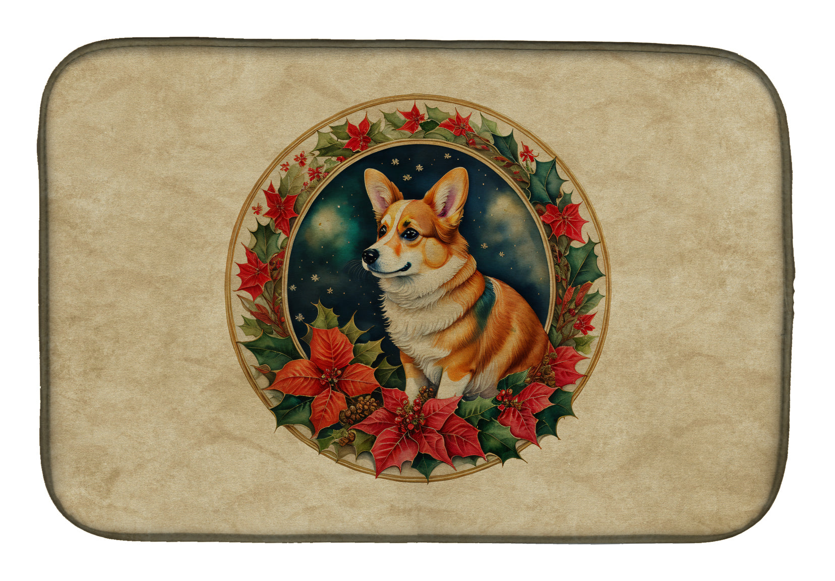 Caroline's Treasures Corgi Christmas Flowers Dish Drying Mat