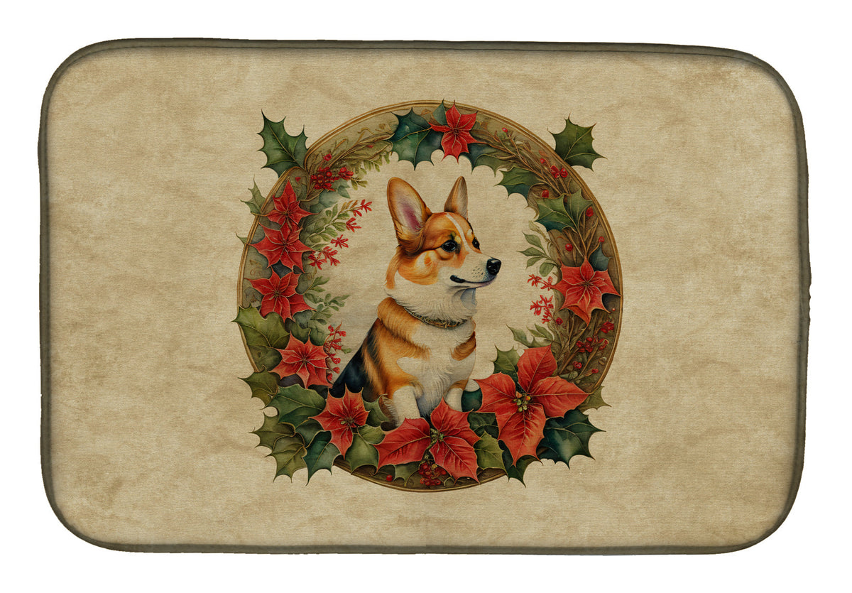 Caroline's Treasures Corgi Christmas Flowers Dish Drying Mat