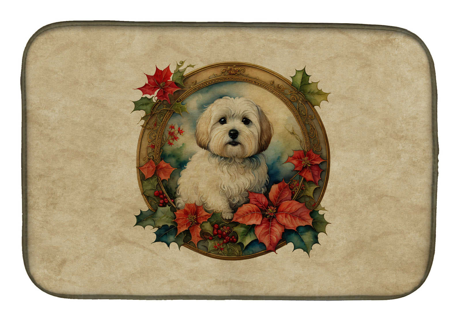 Caroline's Treasures Coton De Tulear Christmas Flowers Dish Drying Mat