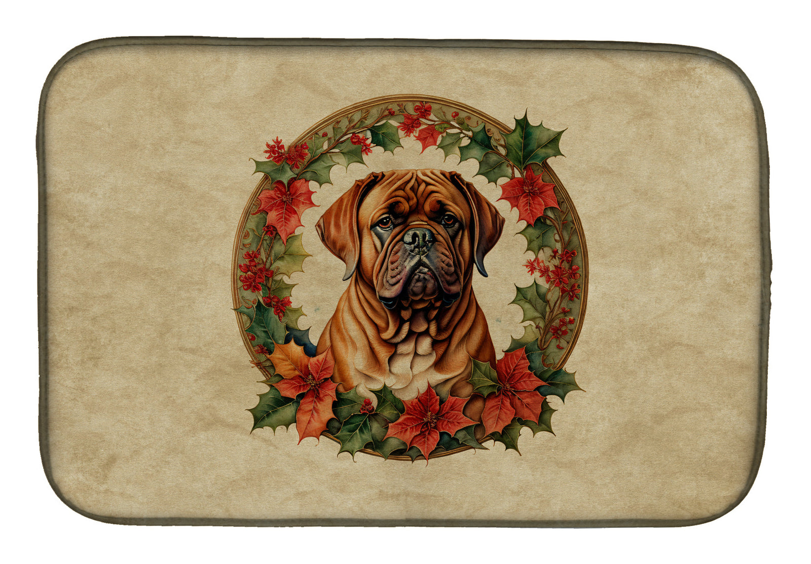 Caroline's Treasures Dogue de Bordeaux Christmas Flowers Dish Drying Mat