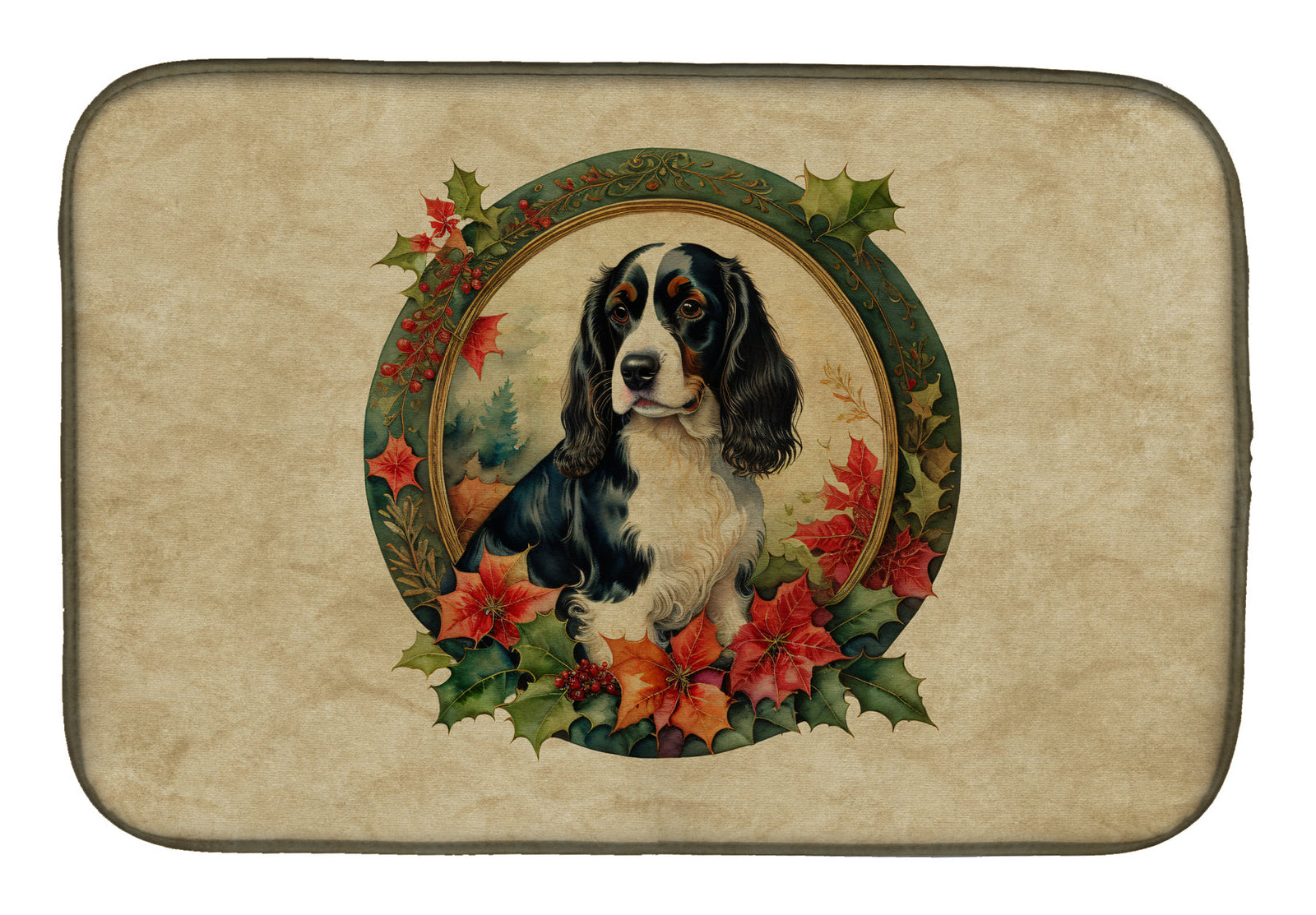 Caroline's Treasures English Springer Spaniel Christmas Flowers Dish Drying Mat