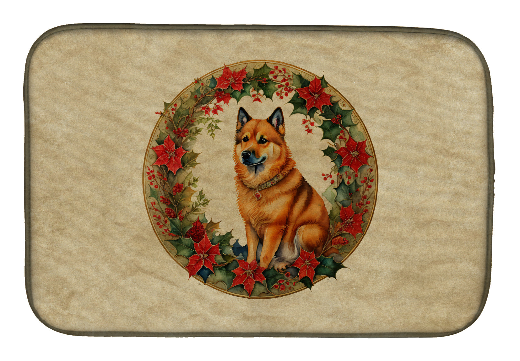 Caroline's Treasures Finnish Spitz Christmas Flowers Dish Drying Mat