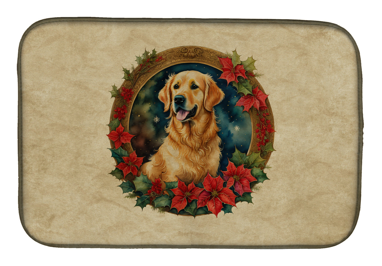 Caroline's Treasures Golden Retriever Christmas Flowers Dish Drying Mat