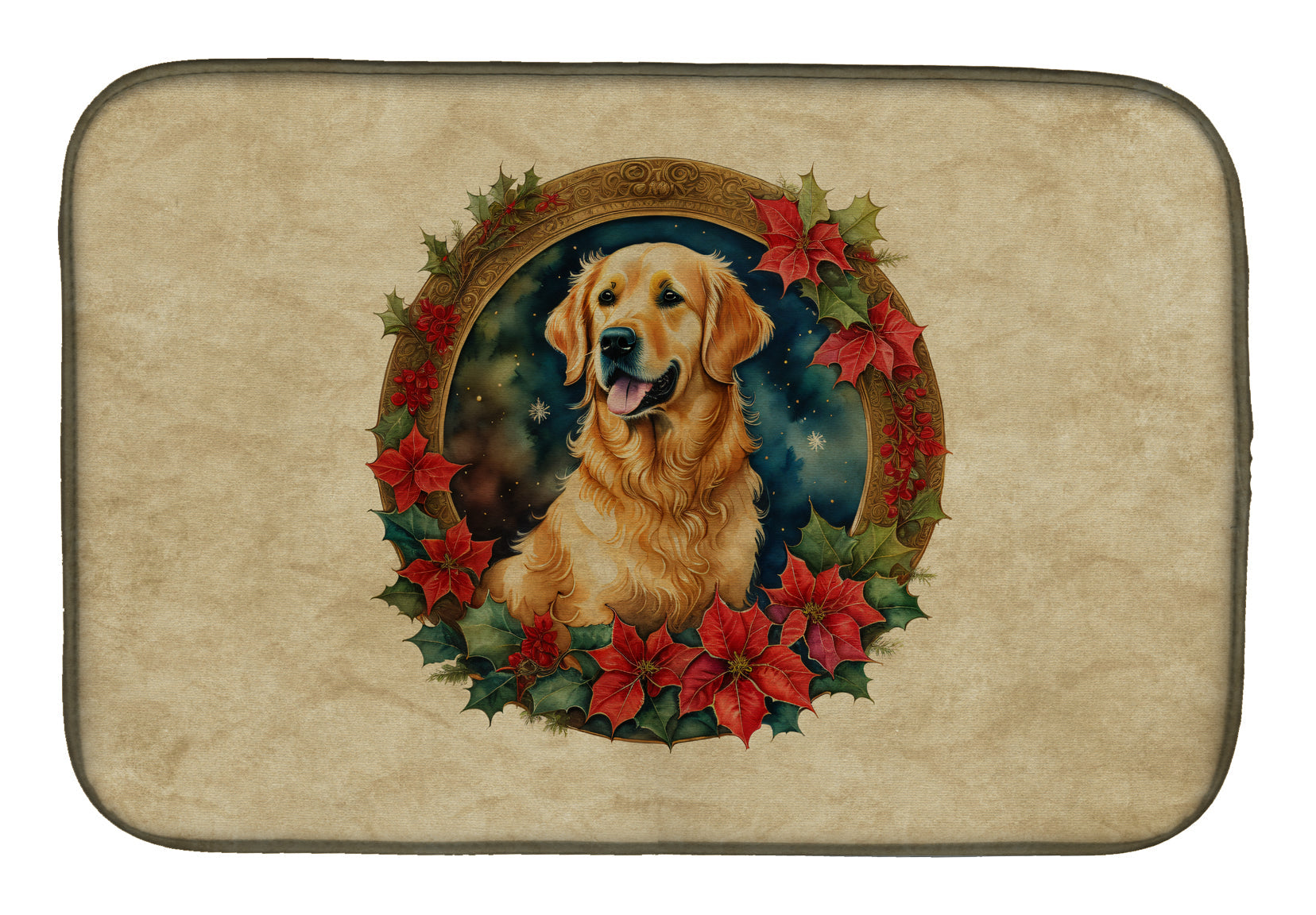 Caroline's Treasures Golden Retriever Christmas Flowers Dish Drying Mat