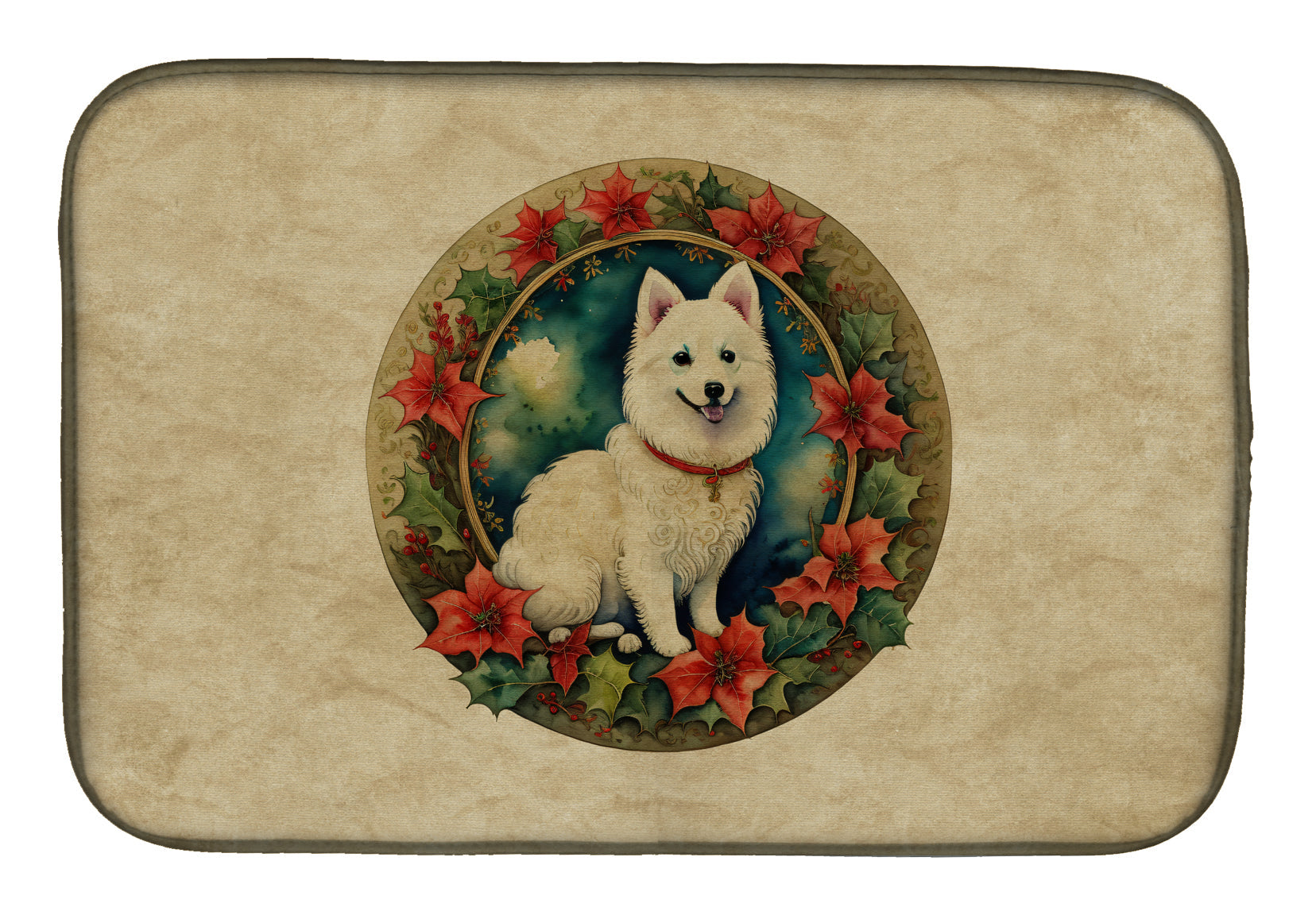 Caroline's Treasures Japanese Spitz Christmas Flowers Dish Drying Mat