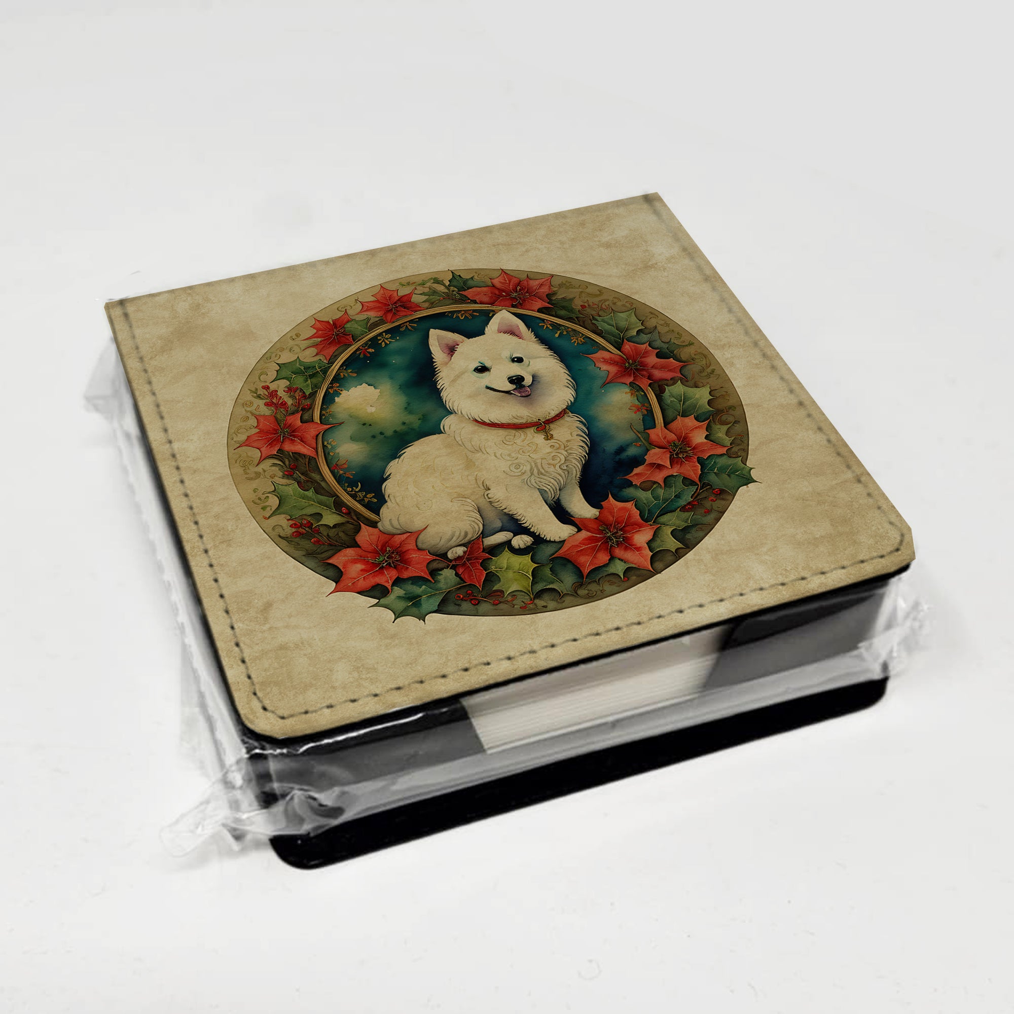 Caroline's Treasures Japanese Spitz Christmas Flowers PU Leather Note Paper Holder