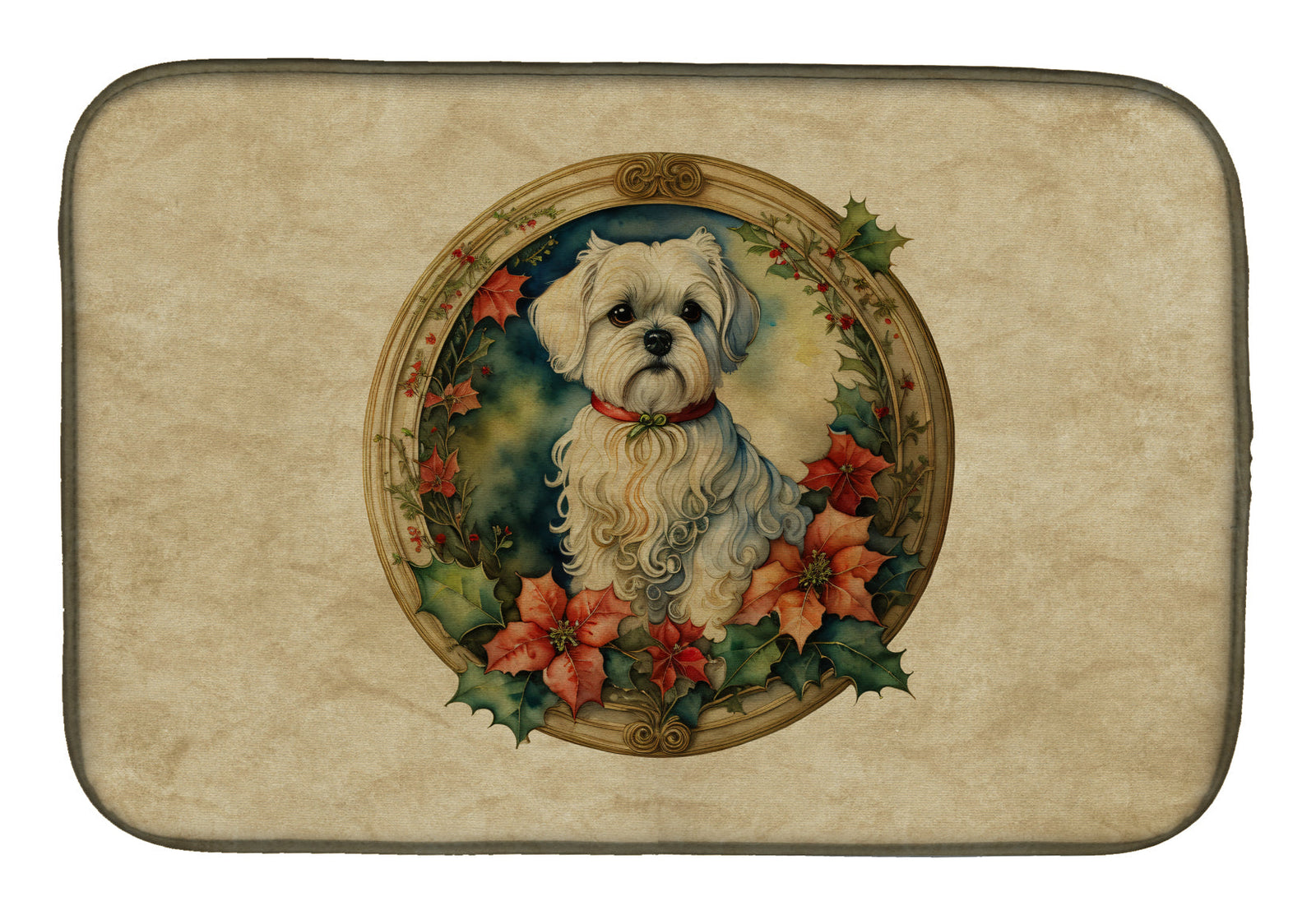 Caroline's Treasures Maltese Christmas Flowers Dish Drying Mat