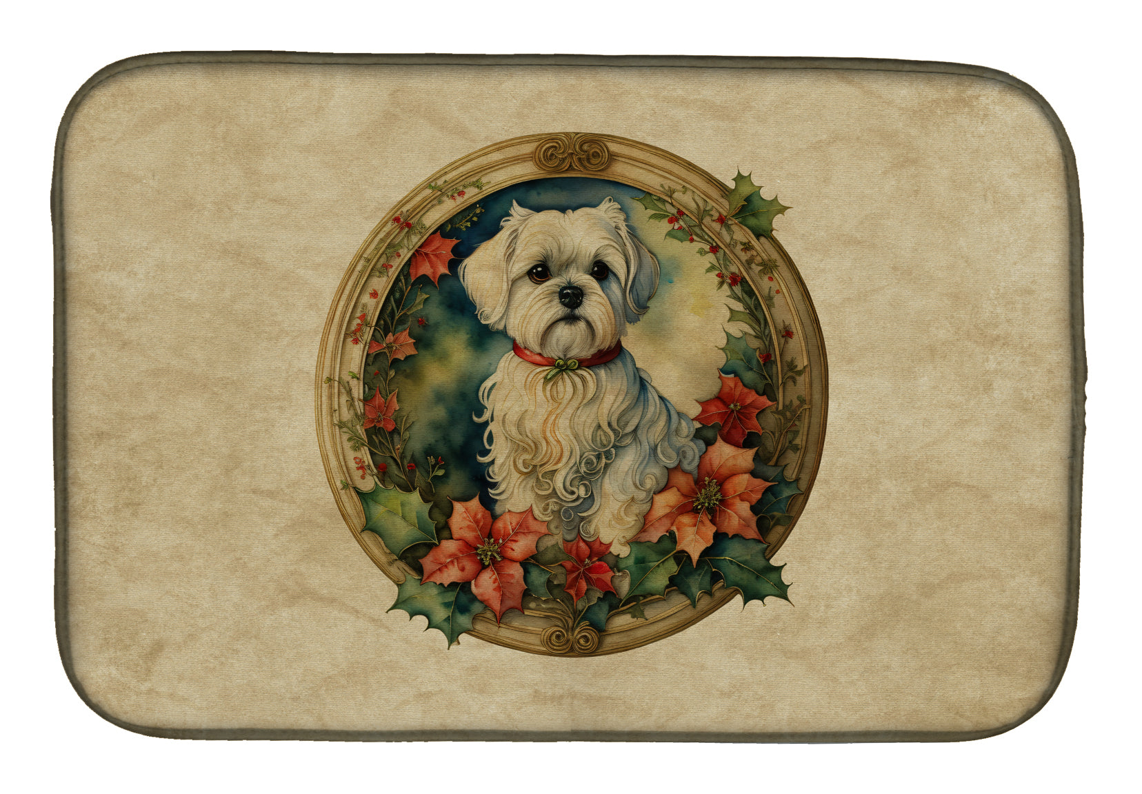 Caroline's Treasures Maltese Christmas Flowers Dish Drying Mat
