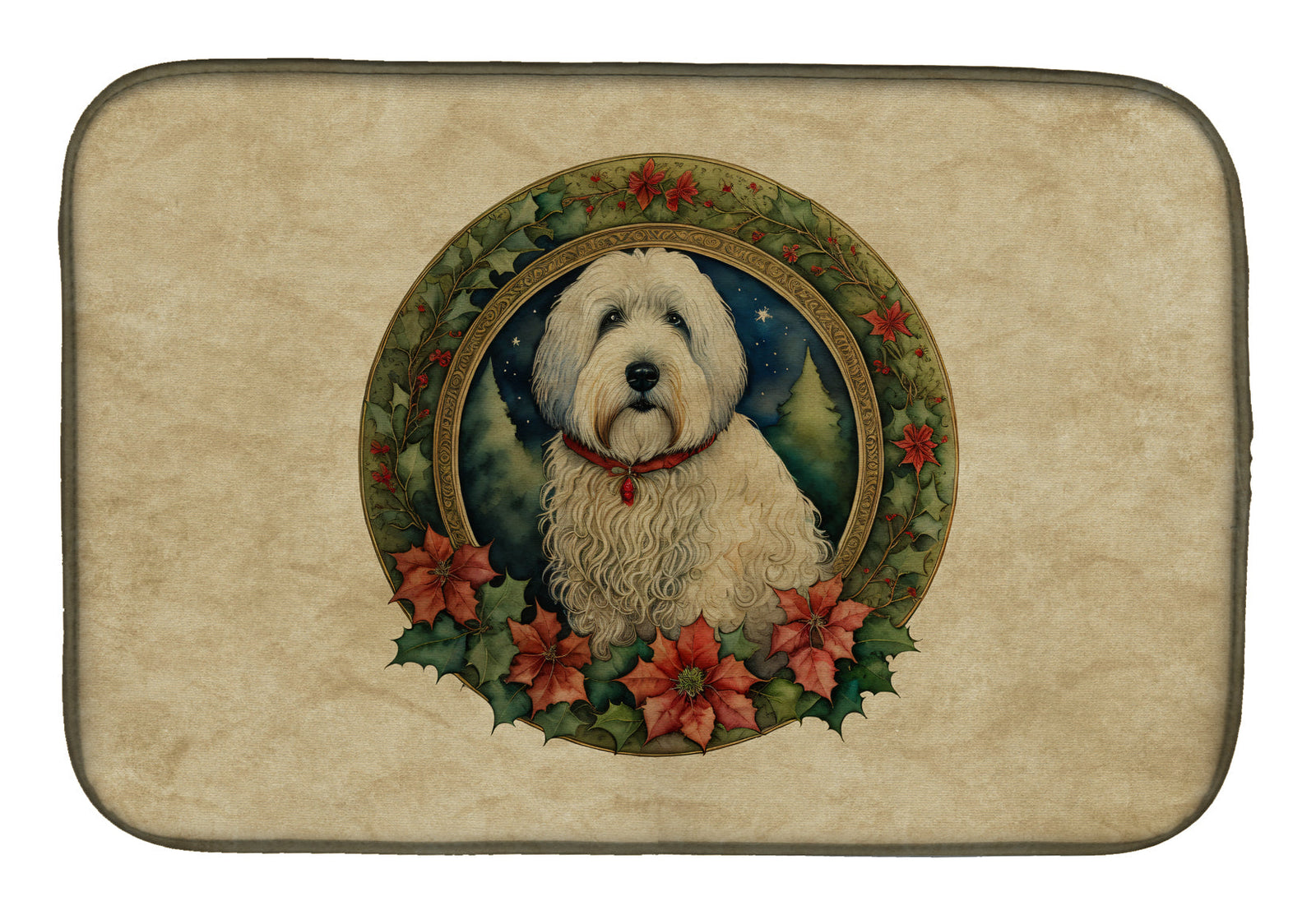 Caroline's Treasures Old English Sheepdog Christmas Flowers Dish Drying Mat