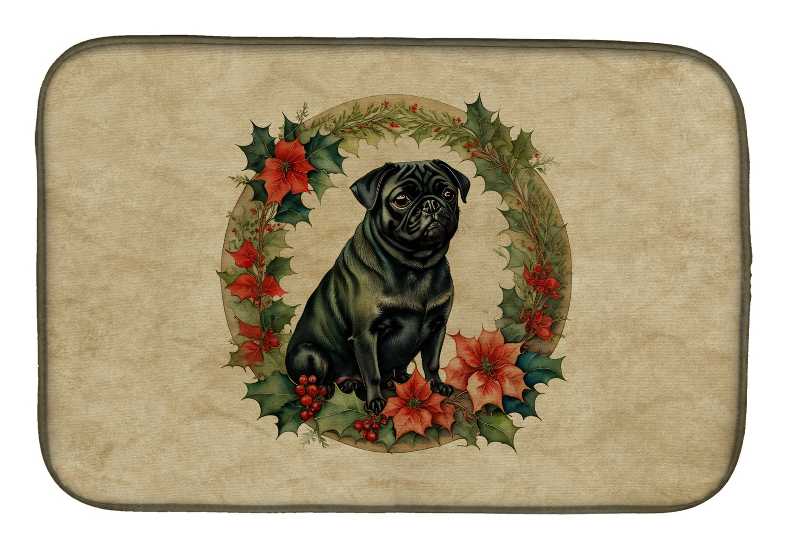 Caroline's Treasures Pug Christmas Flowers Dish Drying Mat