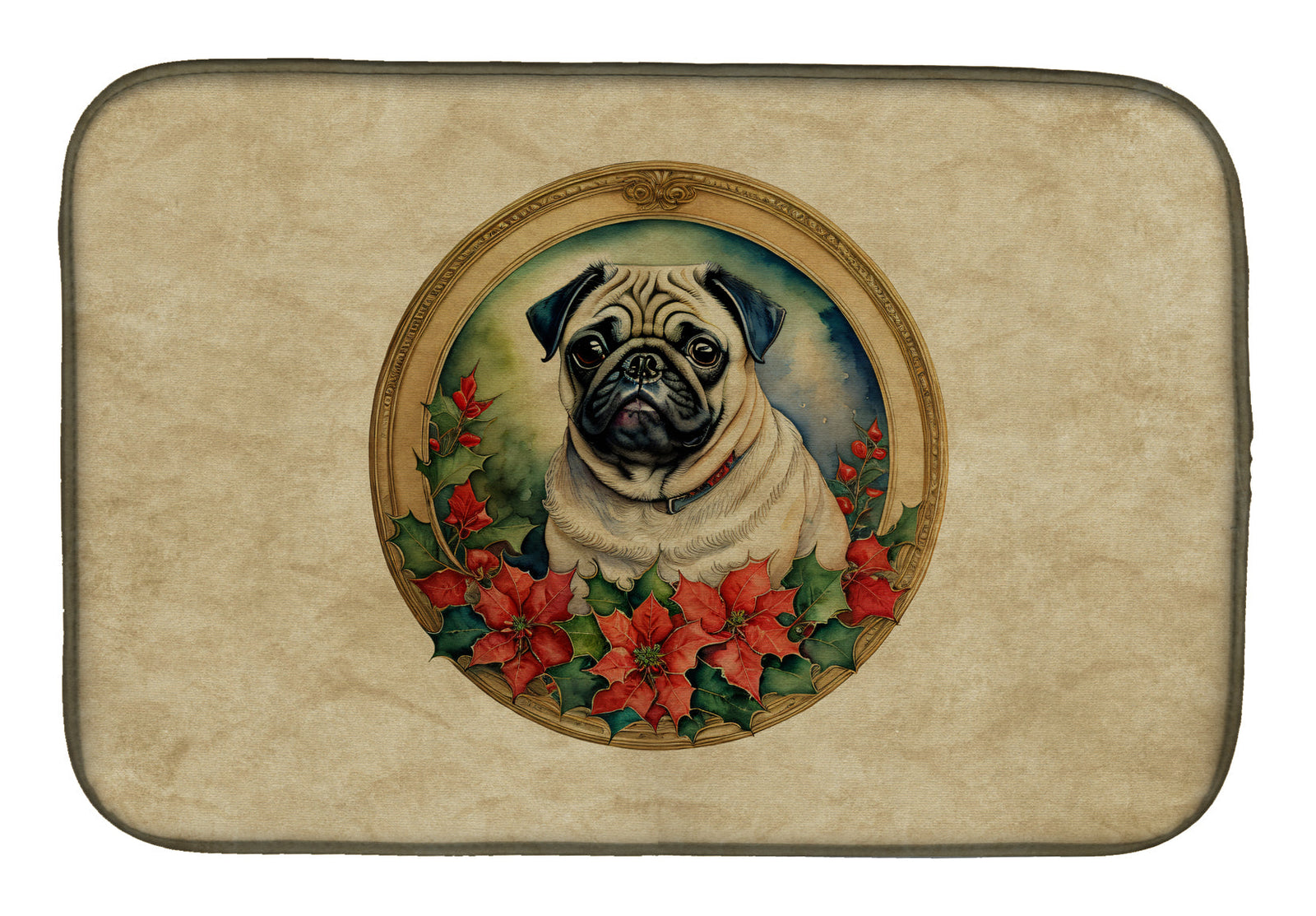 Caroline's Treasures Pug Christmas Flowers Dish Drying Mat