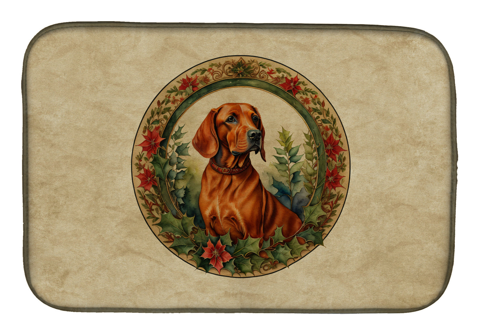 Caroline's Treasures Red Redbone Coonhound Christmas Flowers Dish Drying Mat