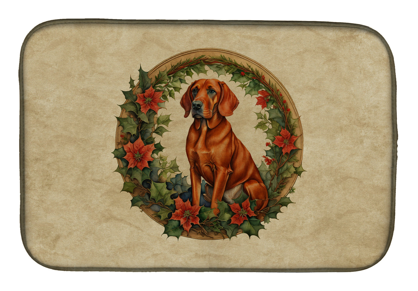 Caroline's Treasures Red Redbone Coonhound Christmas Flowers Dish Drying Mat